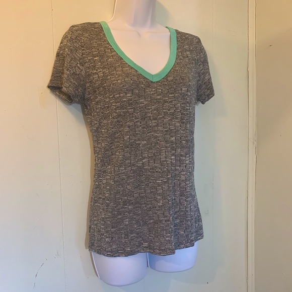 American Dream Tops - American Dream Gray & Aqua (Blue) V-neck Women's Casual T-shirt size L